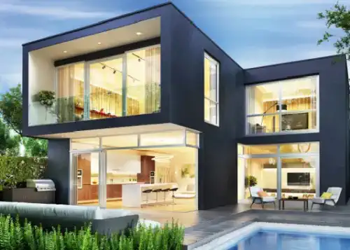 Hauskredit-fuer-Modernes-Haus-in-der-Abenddaemmerung-Innen-und-Aussen